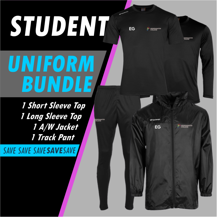 Complusary  Uniform Set for Students - 1 x Short andf 1 x Long Sleeve Top, 1 pair track pants,  1 All weather Jacket c/w College logo and initials.